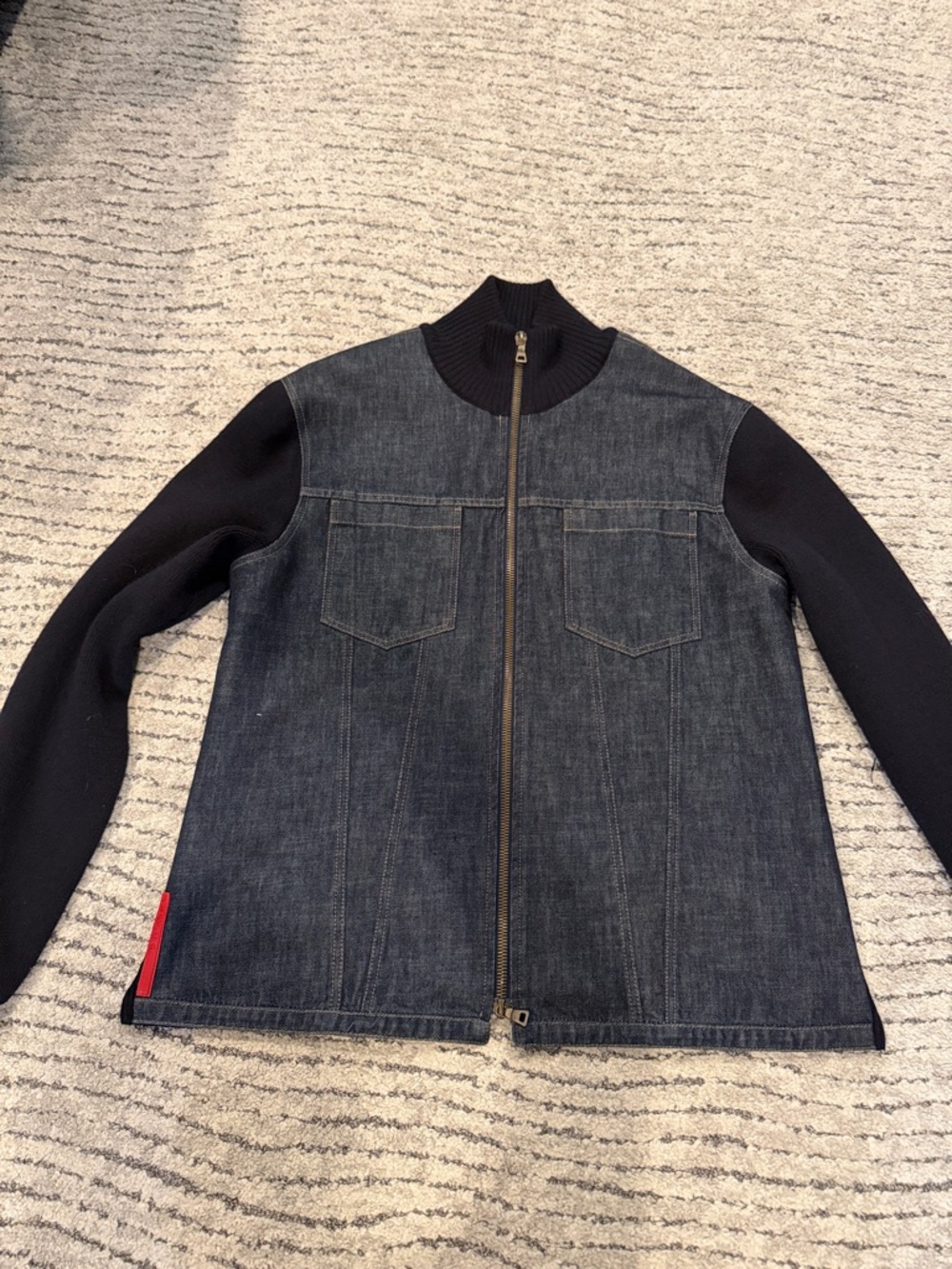 Prada Dark Indigo Denim Jacket with Red Logo Tab